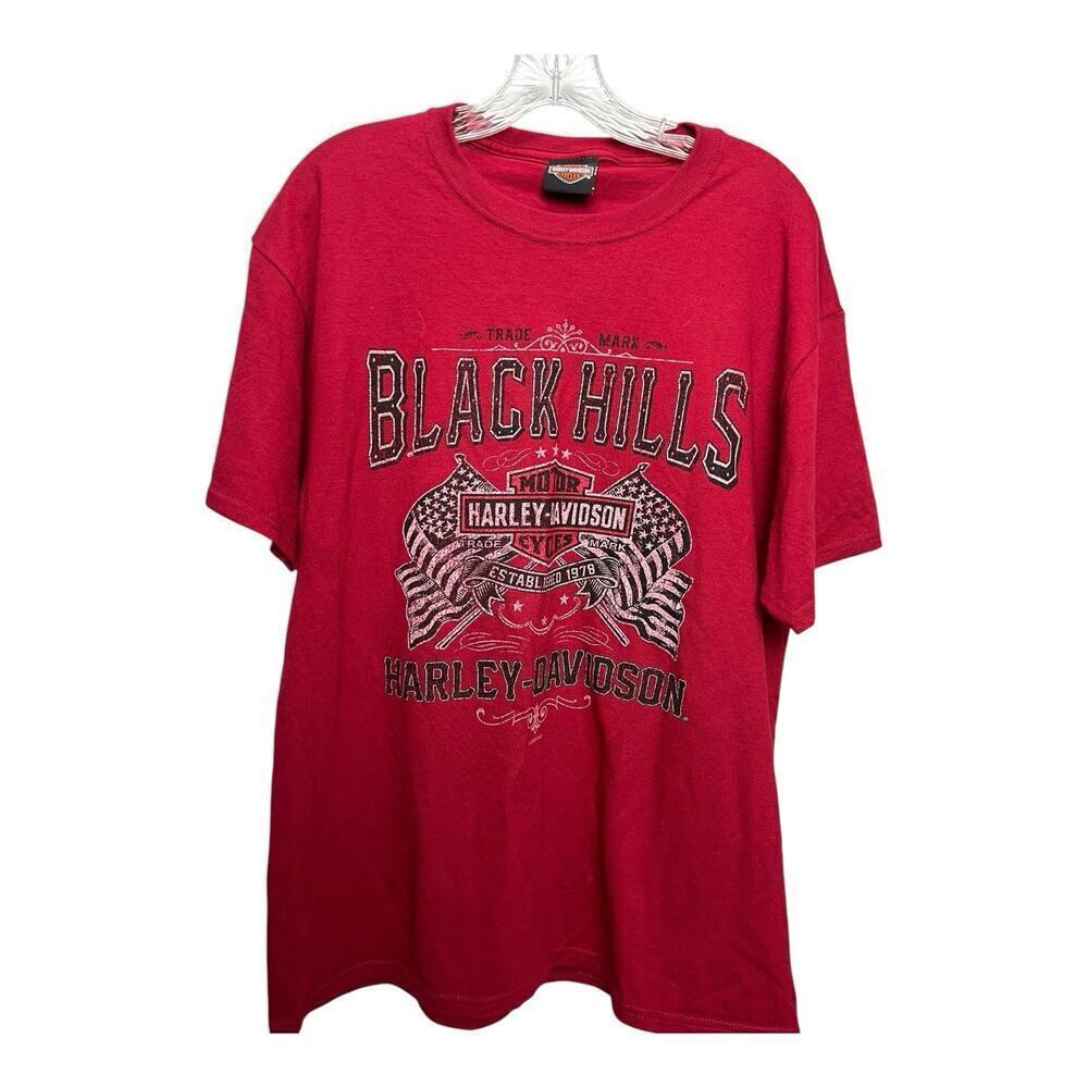 Harley Davidson T Shirt Mens Red USA Flag Black Hills South Dakota Graphic